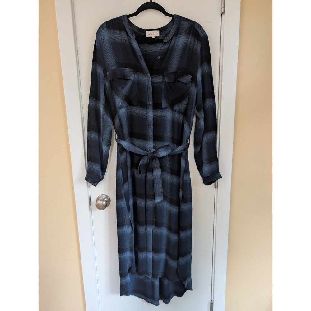 Bella Dahl Plaid Maxi Dress Large Blue Boho Bohemian Western Soft Fall Cabincore